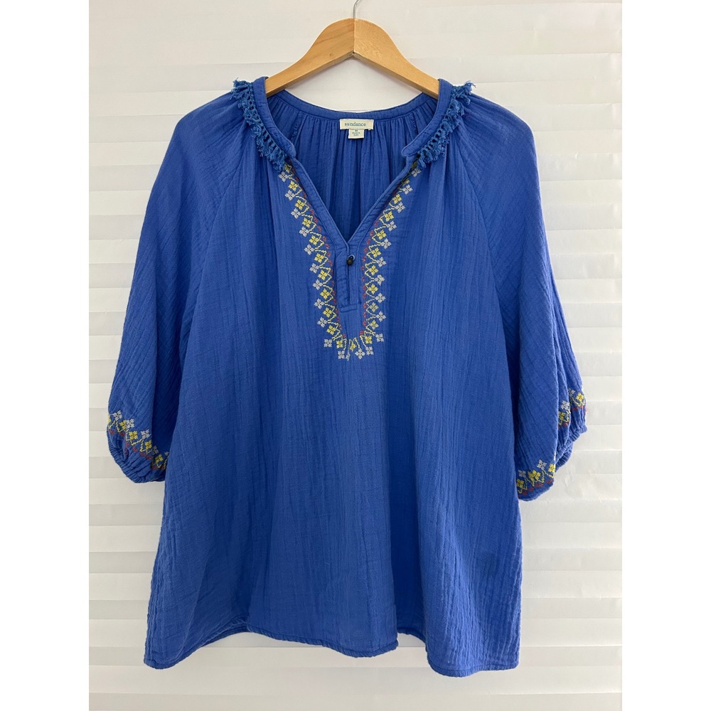 Sundance Womens Blue Embroidered Gauze Blouse Boho Cotton Top M Crinkle